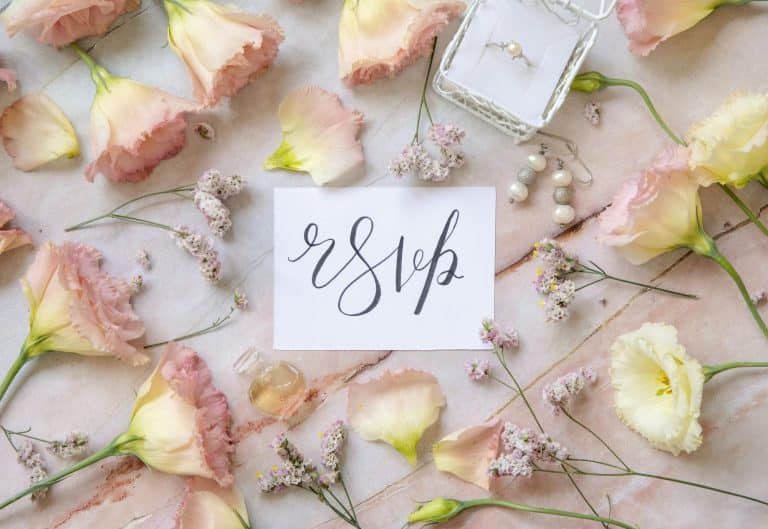 Card with the text RSVP surrounded by pink flowers