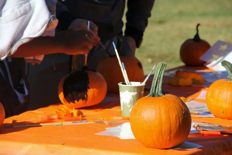 Pumpkin carving and paining tables at Fall festival to design fun pumpkin Fall decorations for home