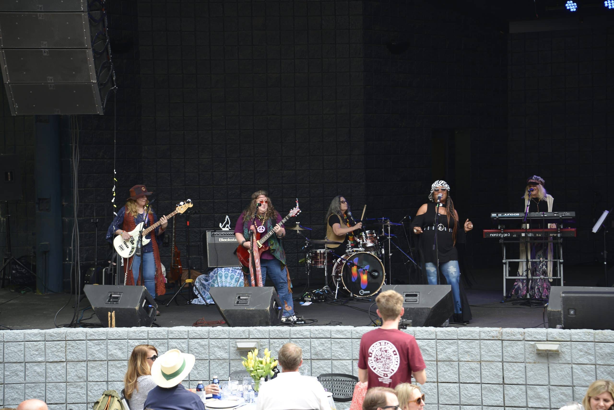 Community concert performers onstage with microphones, stage monitors and sound reinforcement